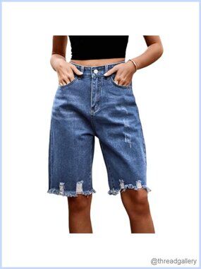 High Rise Denim Bermuda Shorts Ripped Baggy Jorts Summer Casual